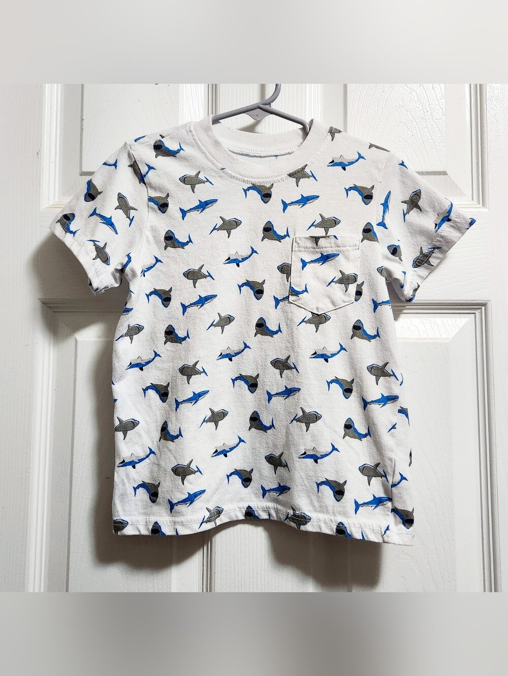 Kids Shark Print Pocket Tee - White & Blue